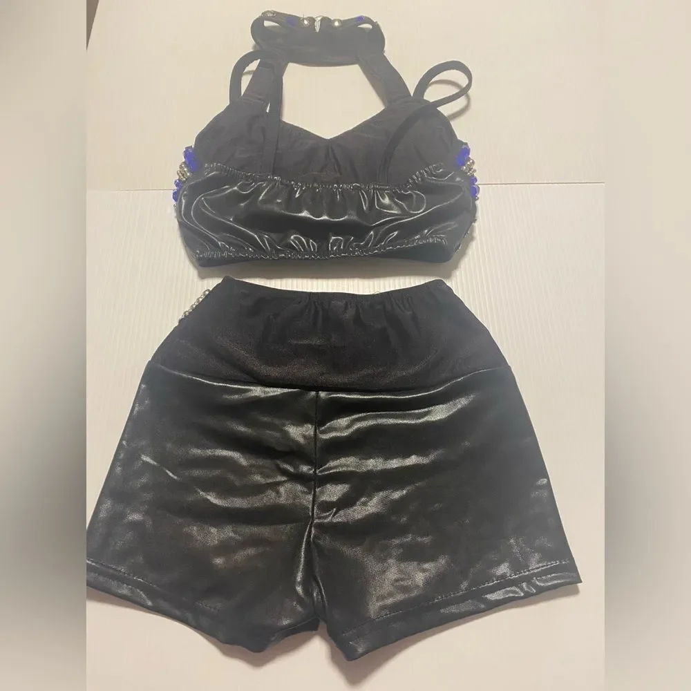 Glamour Dance solo costume mature faux leather studded rocker goth 2 piece LC